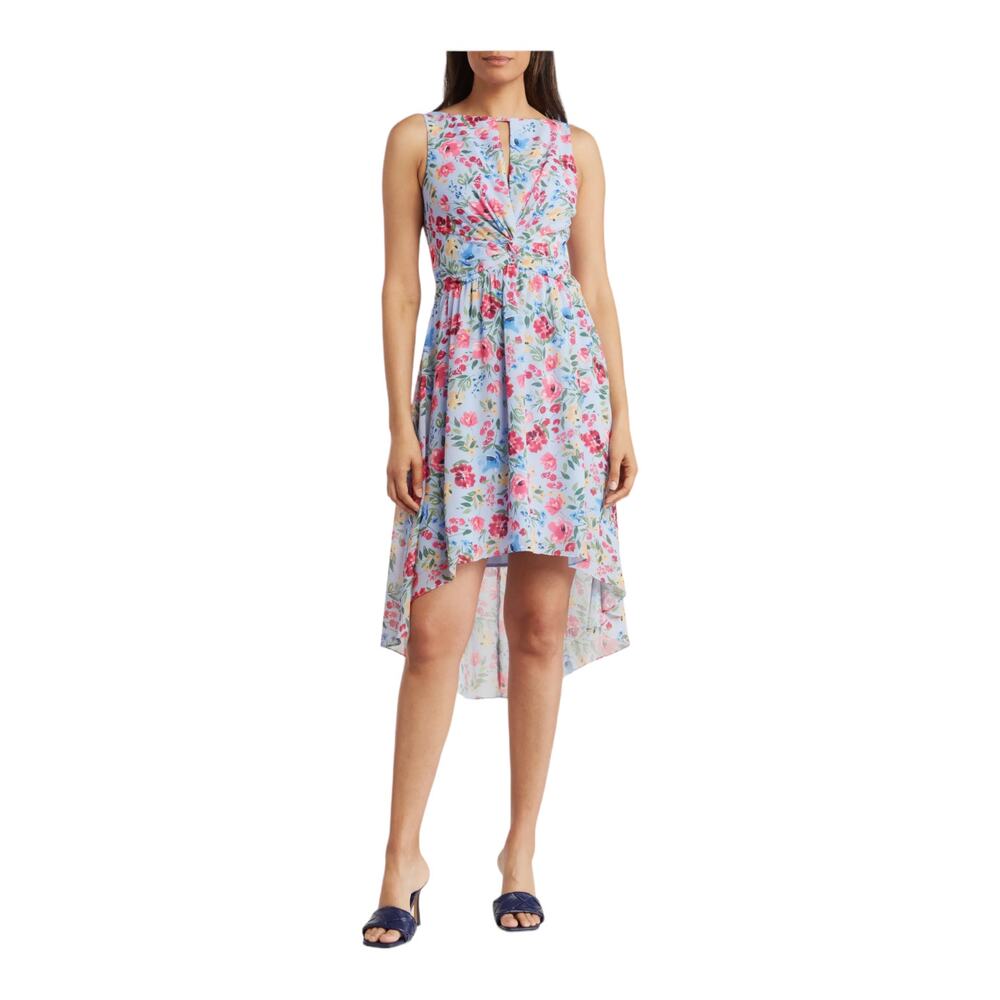 Vince Camuto dress Crinkle chiffon keyhole sleeveless floral blue size 14